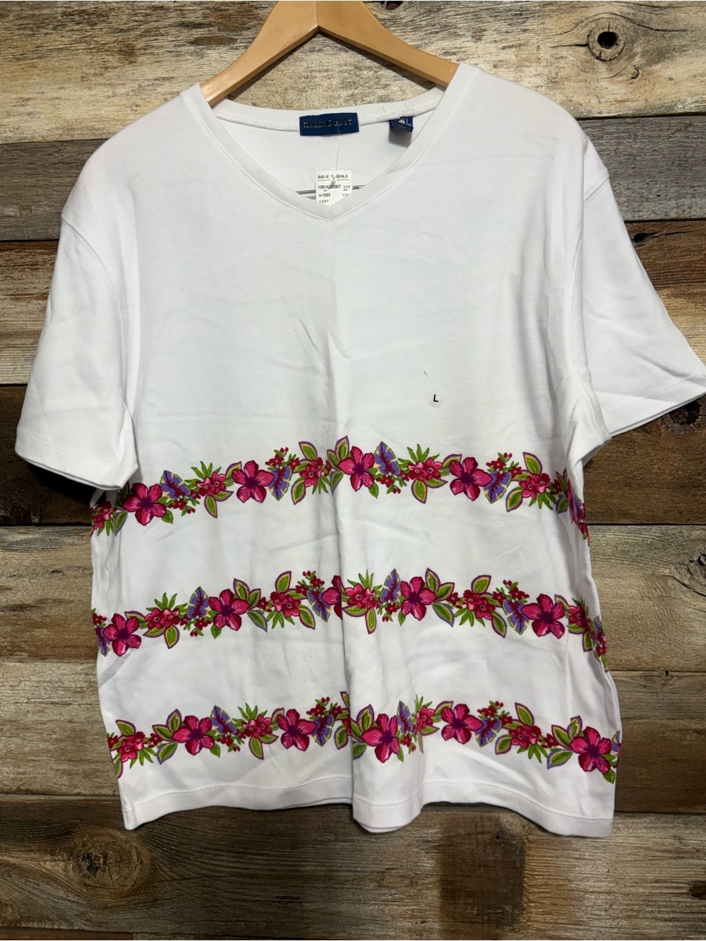 Karen Scott White Short Sleeve Tee with Pink Floral Stripes